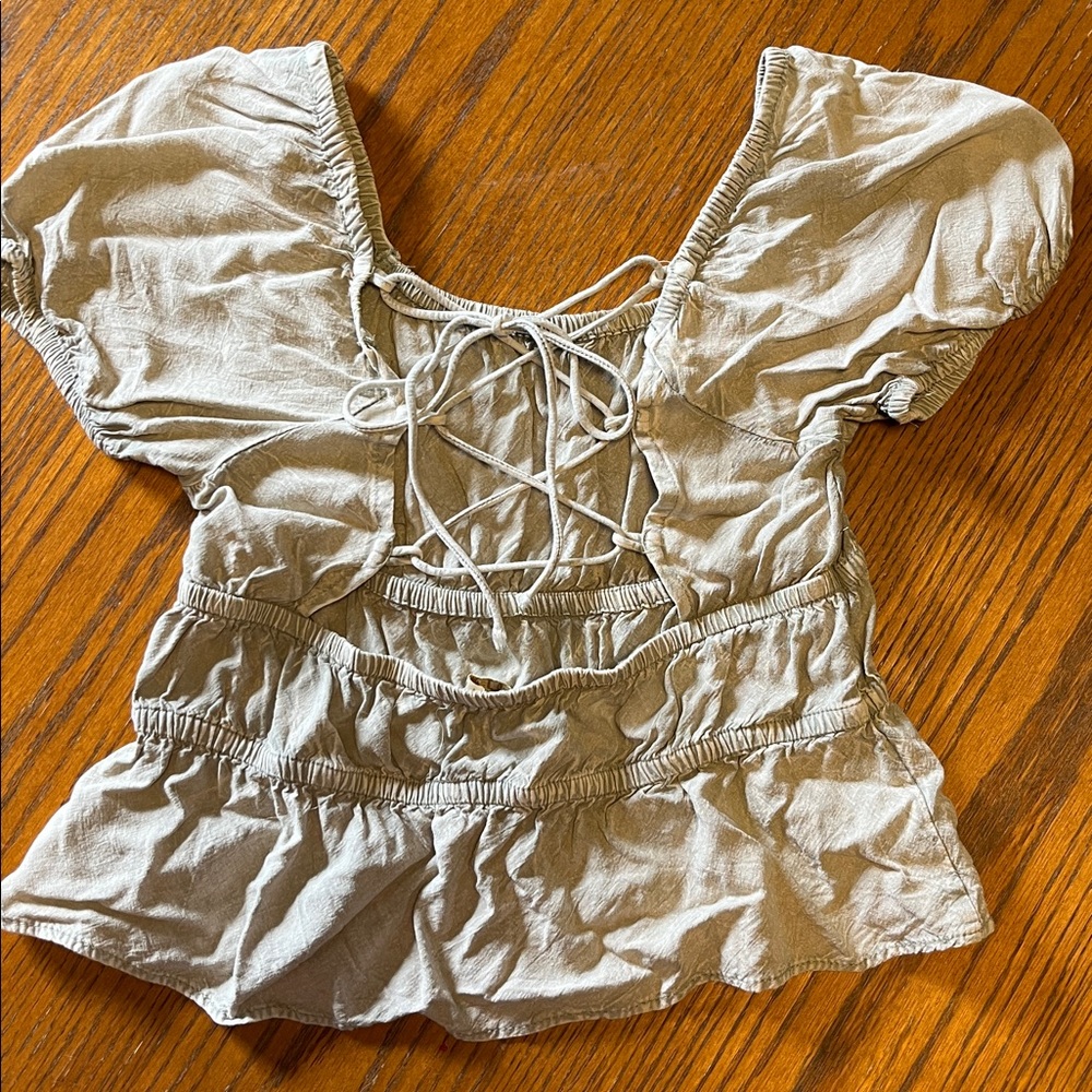 Rebellion Gray Puff Sleeve Backless Corset Lace-Up Peplum Blouse Small S
